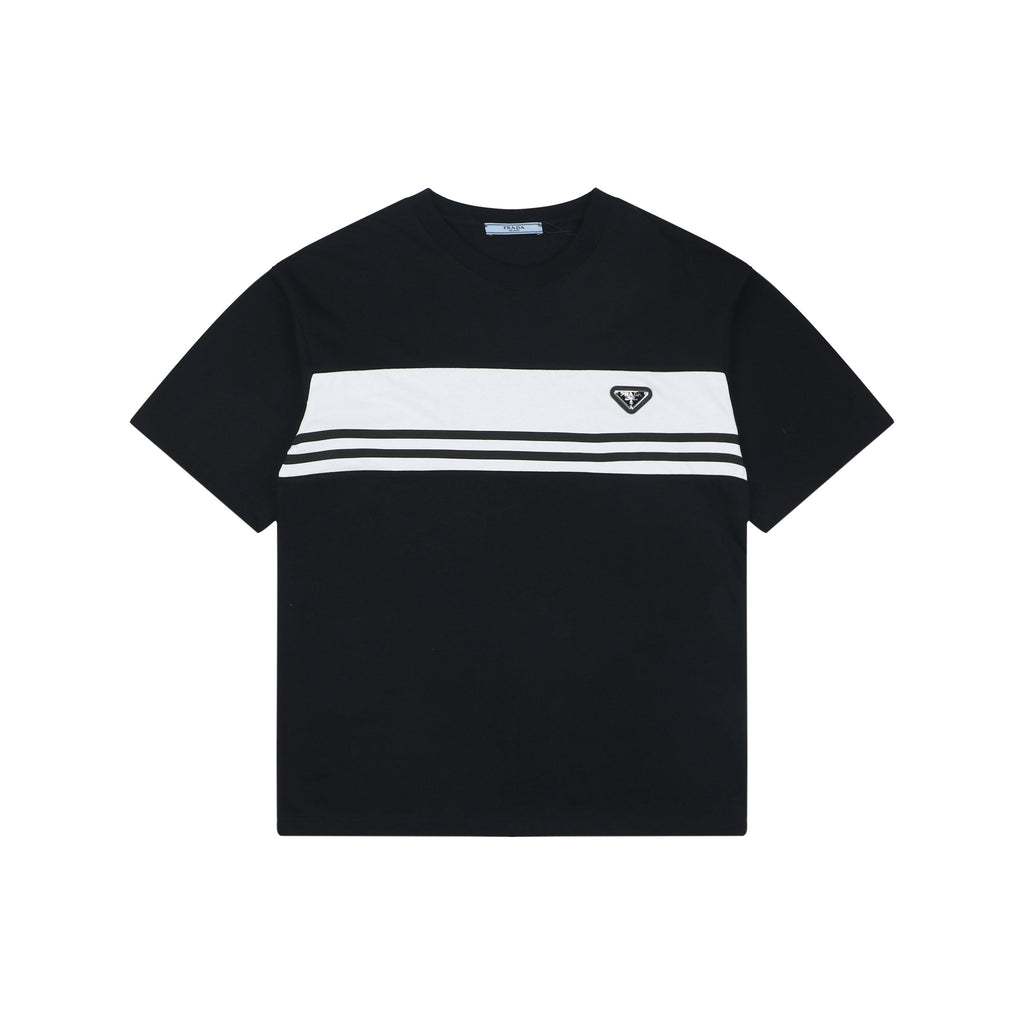 Prada Triangle Logo Stripe Panel Short Sleeve Tee — Black