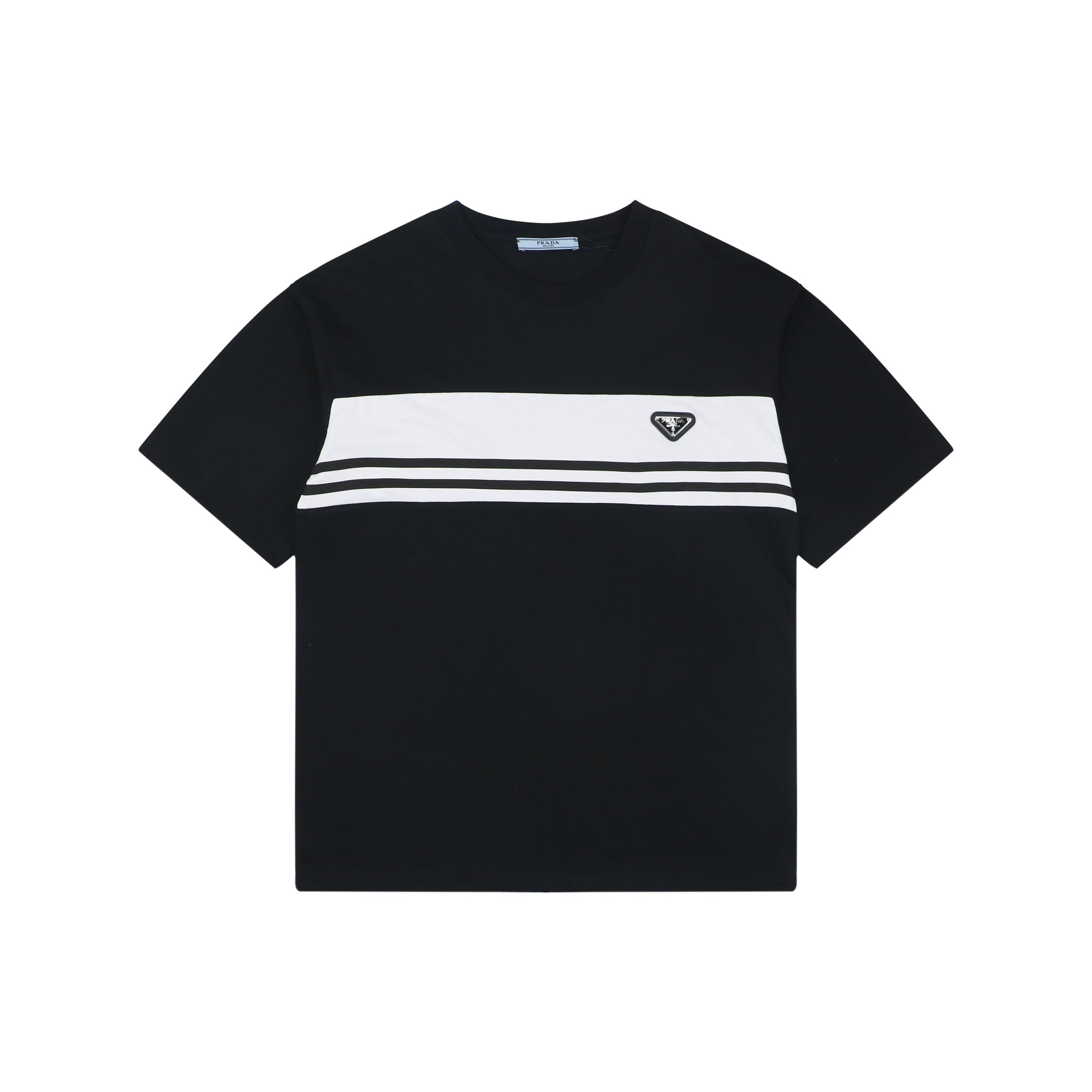 Prada Triangle Logo Stripe Panel Short Sleeve Tee — Black