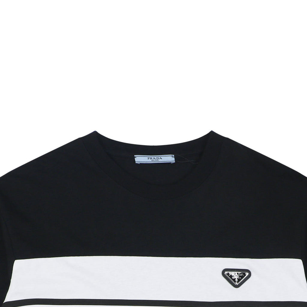 Prada Triangle Logo Stripe Panel Short Sleeve Tee — Black