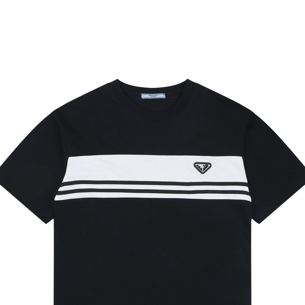 Prada Triangle Logo Stripe Panel Short Sleeve Tee — Black