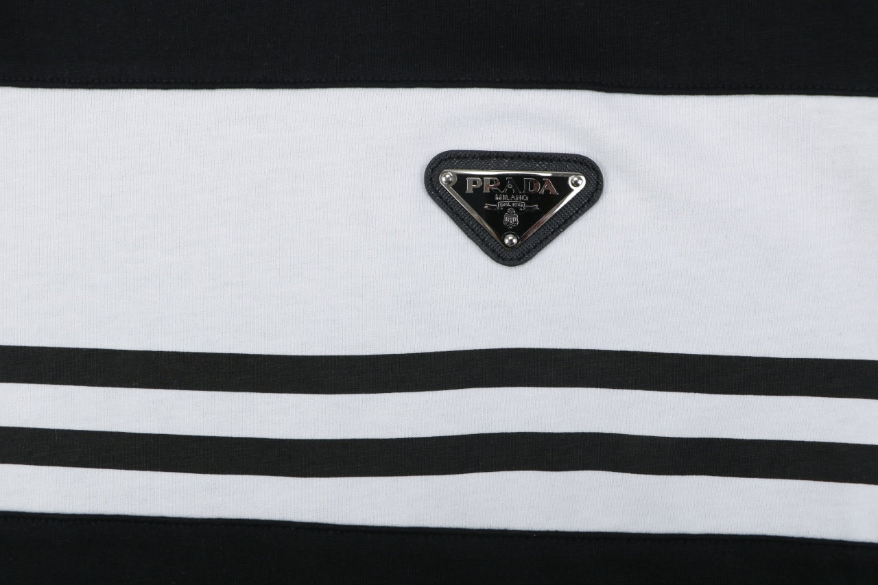 Prada Triangle Logo Stripe Panel Short Sleeve Tee — Black