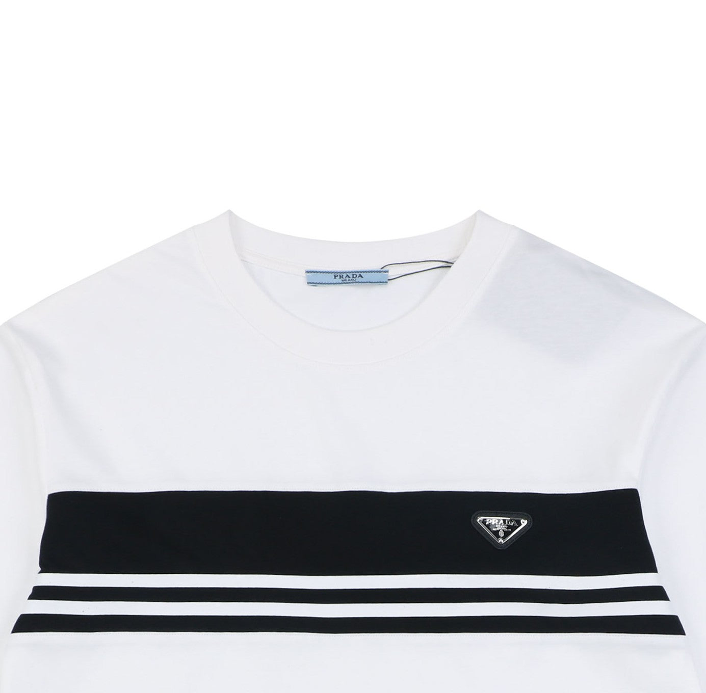 Prada Triangle Logo Stripe Panel Short Sleeve Tee — White