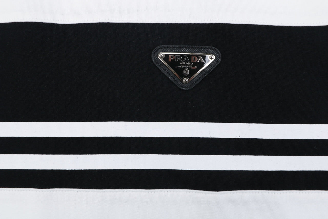 Prada Triangle Logo Stripe Panel Short Sleeve Tee — White