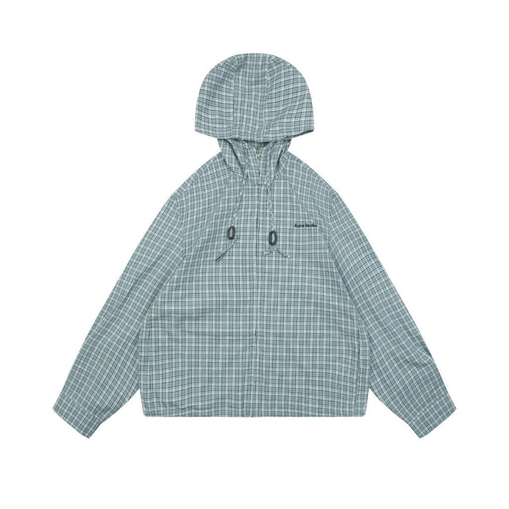 Acne Studios Fine Check Hooded Jacket — Blue Green