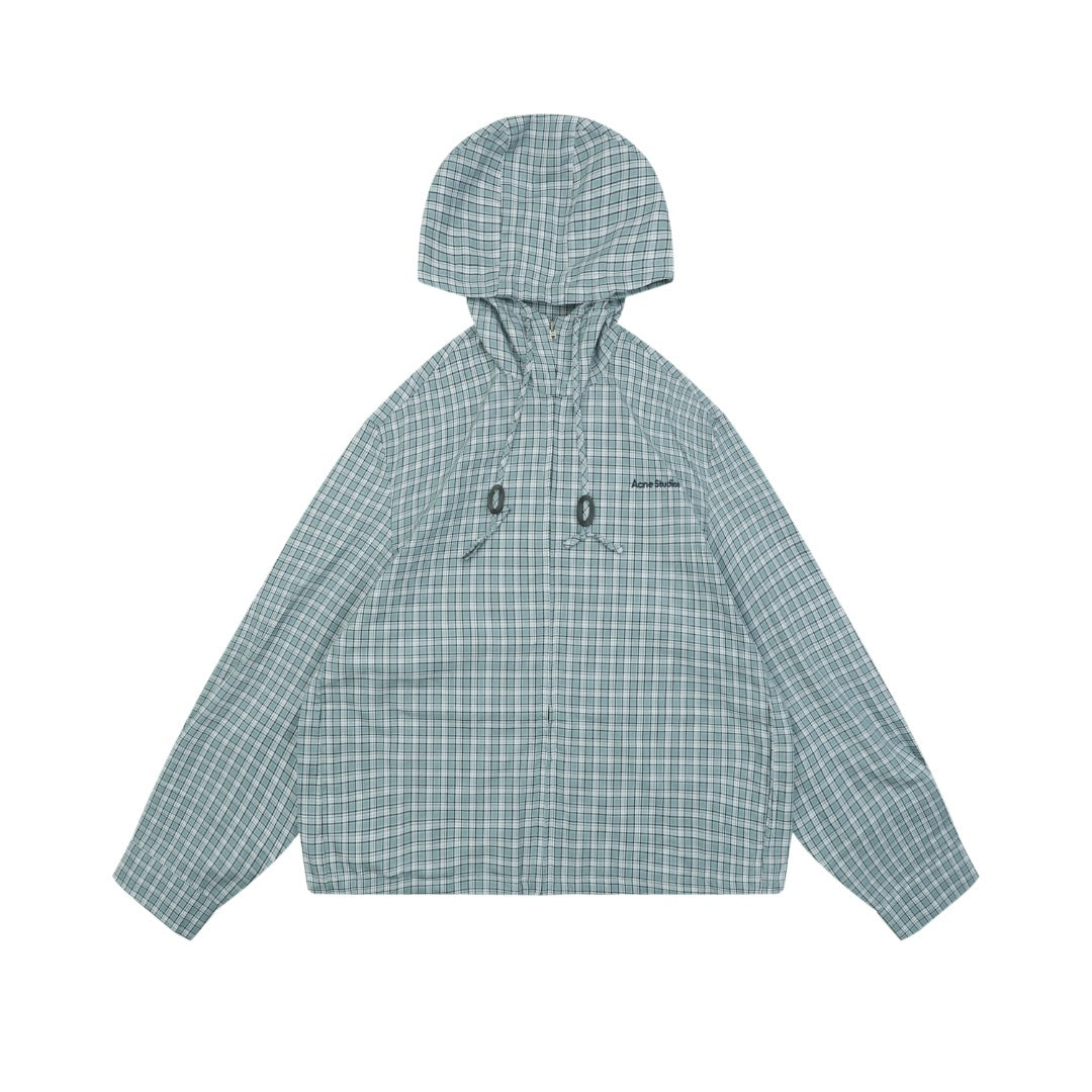 Acne Studios Fine Check Hooded Jacket — Blue Green