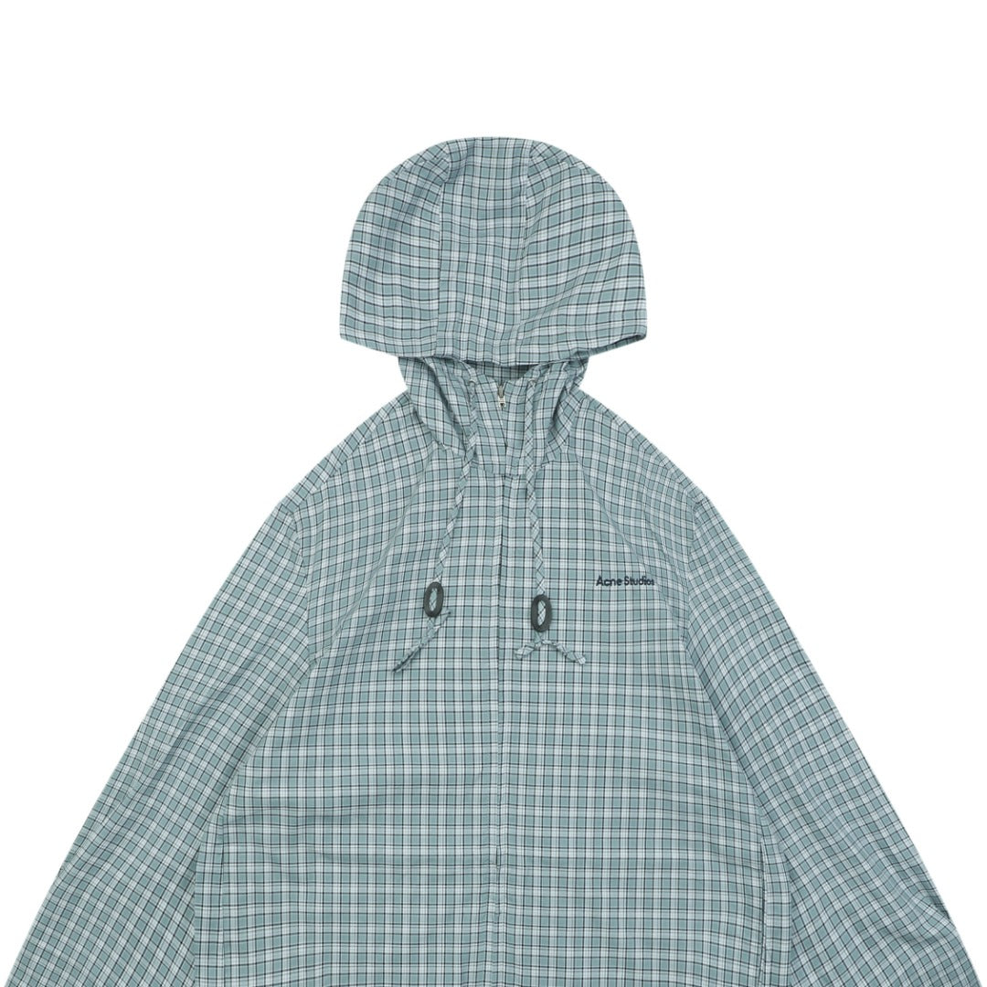 Acne Studios Fine Check Hooded Jacket — Blue Green