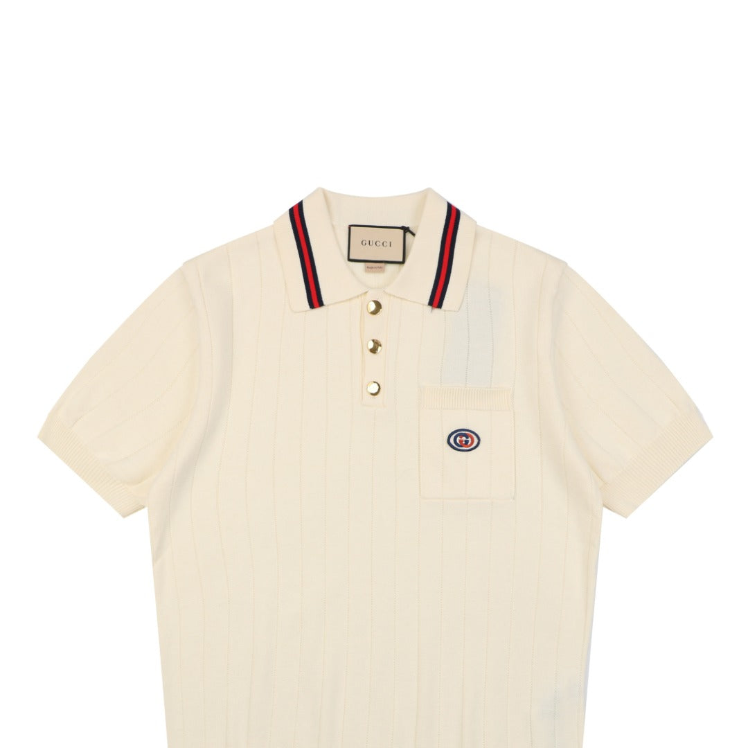 Gucci Pocket Double G Jacquard Short Sleeve Polo – Cream