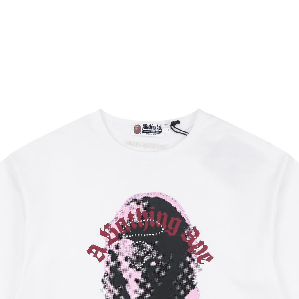 A Bathing Ape BAPE Ape Head Rhinestone Stud Graphic Print Short Sleeve Tee – White