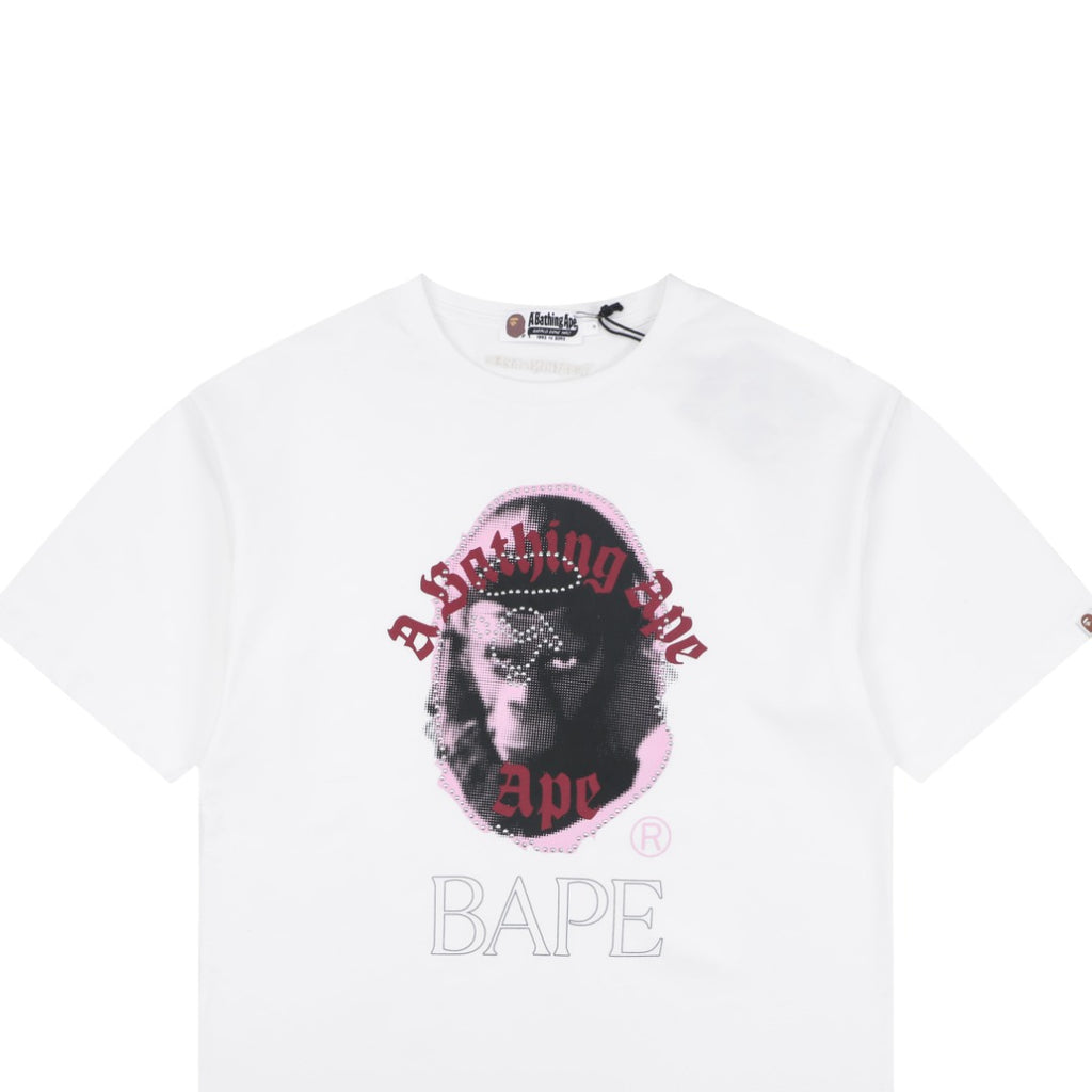 A Bathing Ape BAPE Ape Head Rhinestone Stud Graphic Print Short Sleeve Tee – White