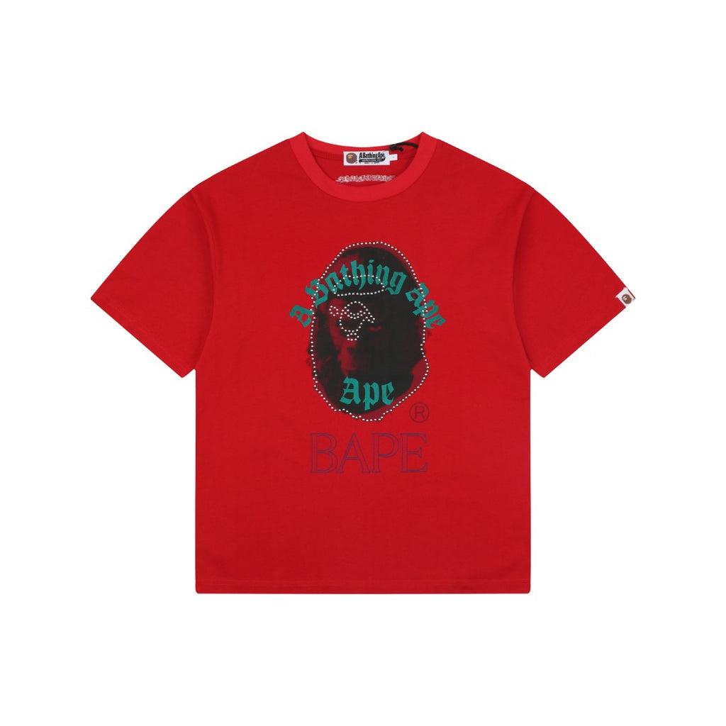 A Bathing Ape BAPE Ape Head Rhinestone Stud Graphic Print Short Sleeve Tee – Red