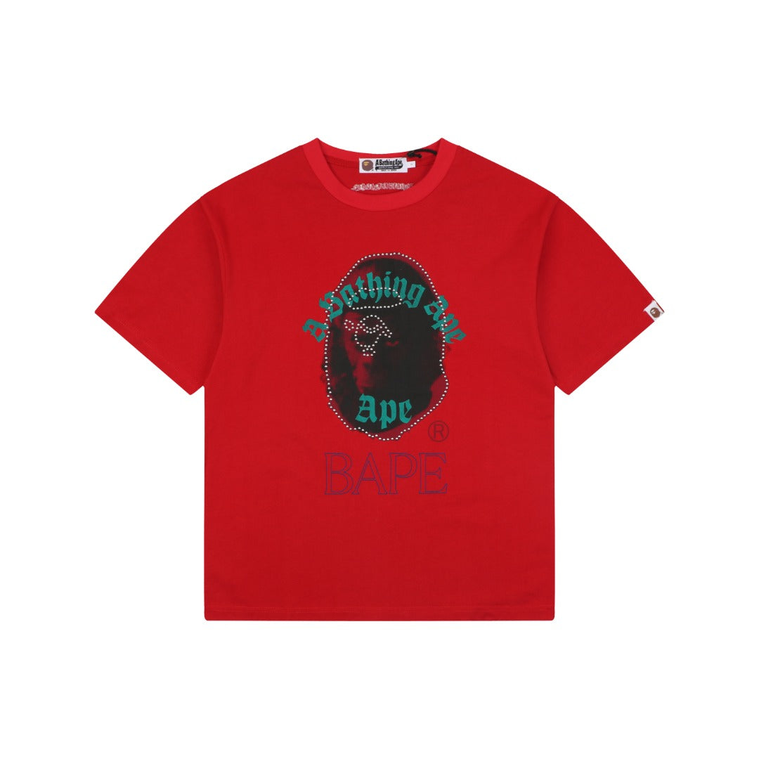 A Bathing Ape BAPE Ape Head Rhinestone Stud Graphic Print Short Sleeve Tee – Red
