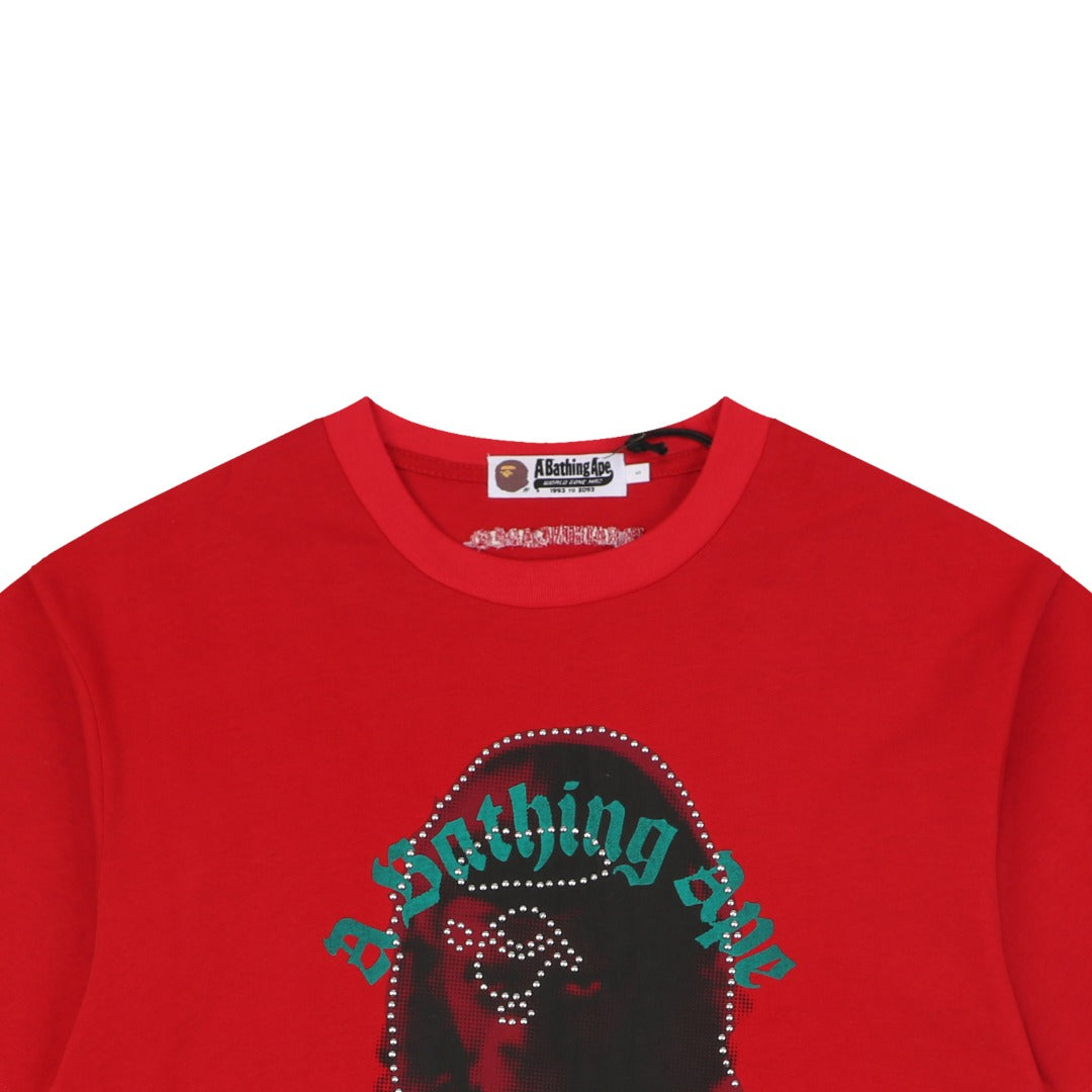 A Bathing Ape BAPE Ape Head Rhinestone Stud Graphic Print Short Sleeve Tee – Red
