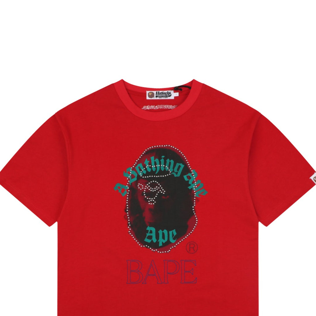 A Bathing Ape BAPE Ape Head Rhinestone Stud Graphic Print Short Sleeve Tee – Red