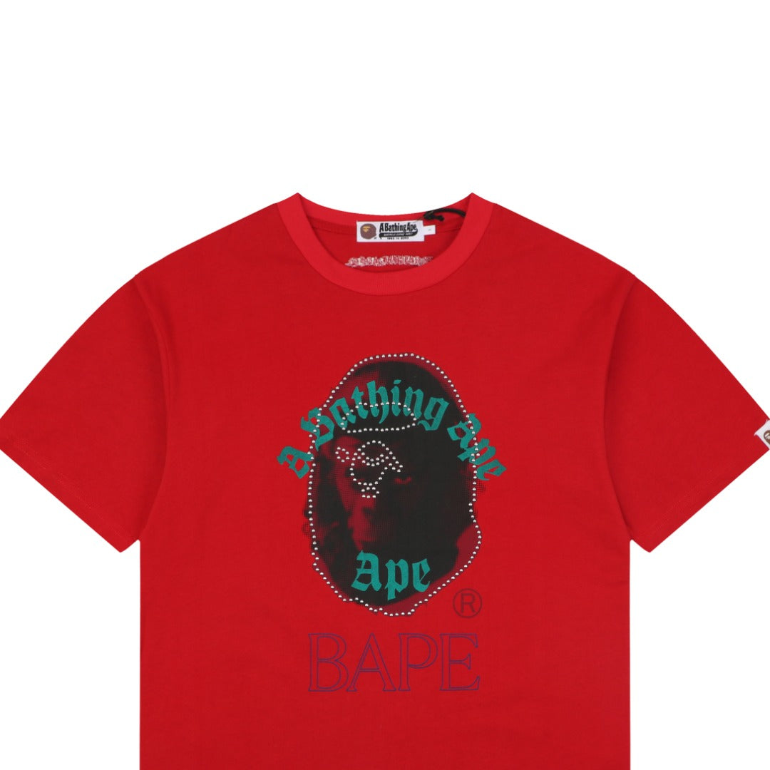 A Bathing Ape BAPE Ape Head Rhinestone Stud Graphic Print Short Sleeve Tee – Red
