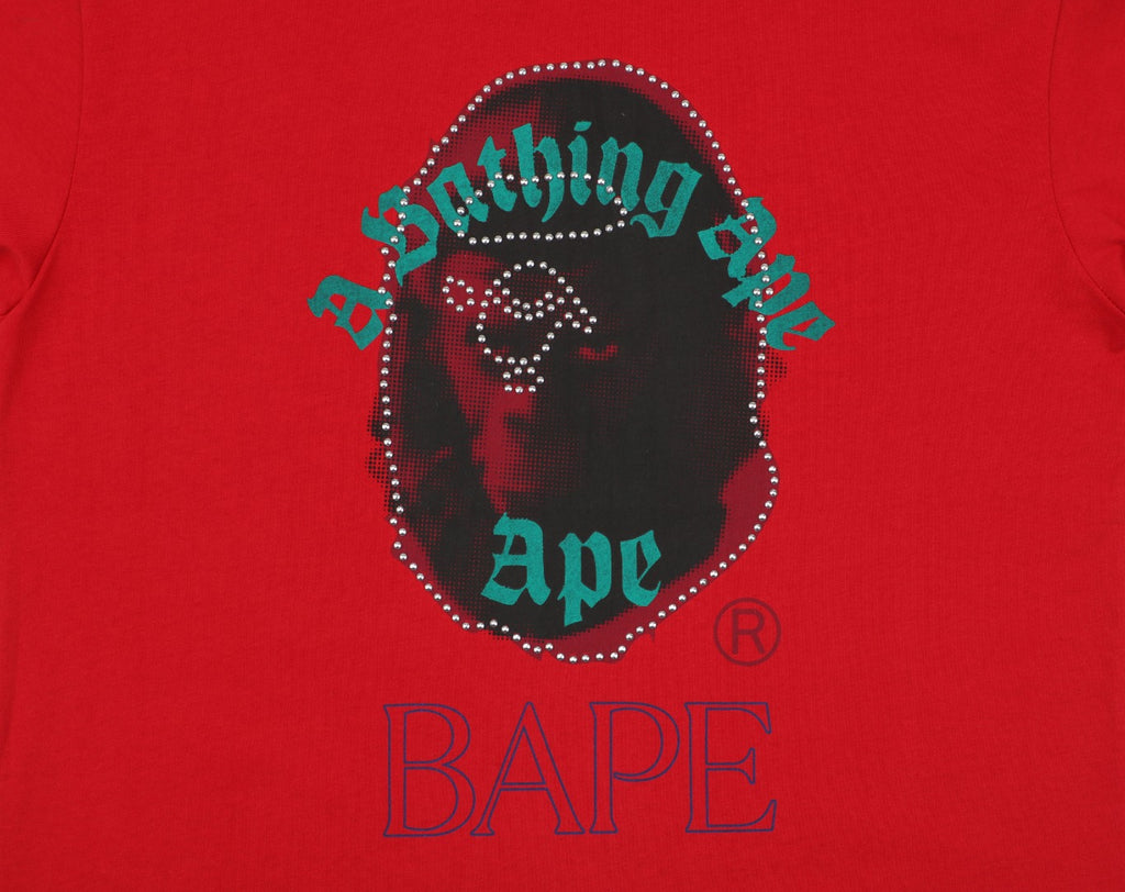 A Bathing Ape BAPE Ape Head Rhinestone Stud Graphic Print Short Sleeve Tee – Red