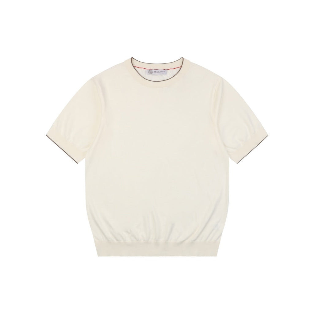 Brunello Cucinelli Black Tipping Cashmere Cotton Short Sleeve Knit Top — Cream
