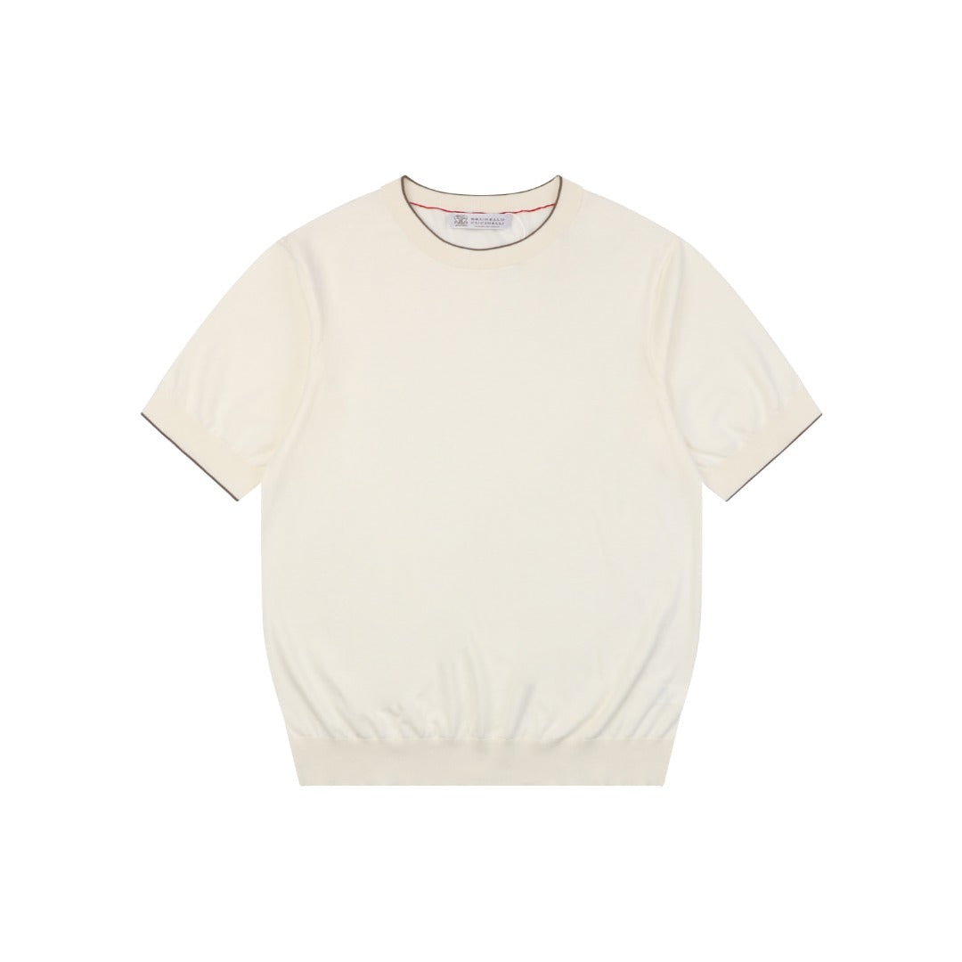 Brunello Cucinelli Black Tipping Cashmere Cotton Short Sleeve Knit Top — Cream