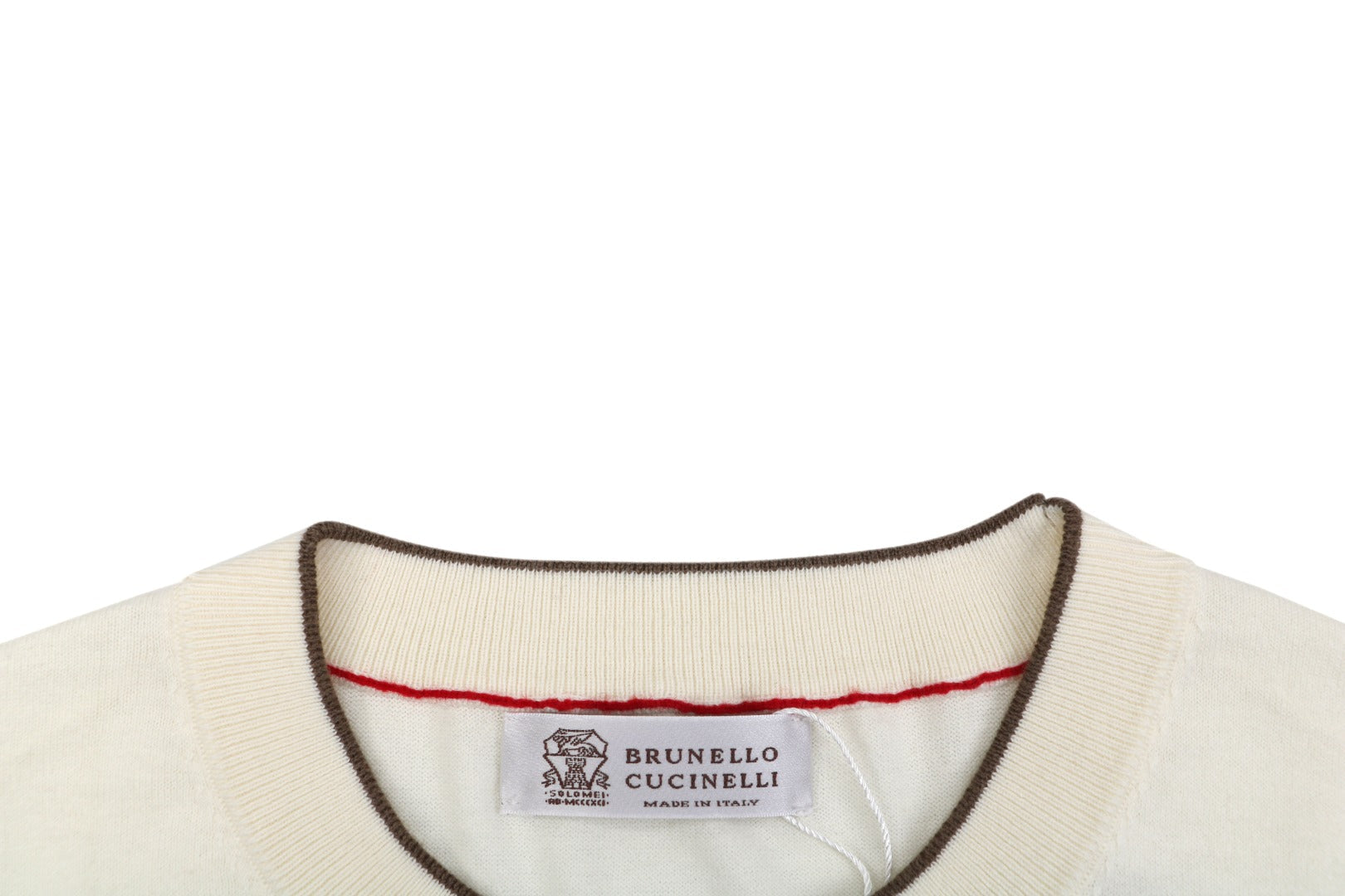 Brunello Cucinelli Black Tipping Cashmere Cotton Short Sleeve Knit Top — Cream