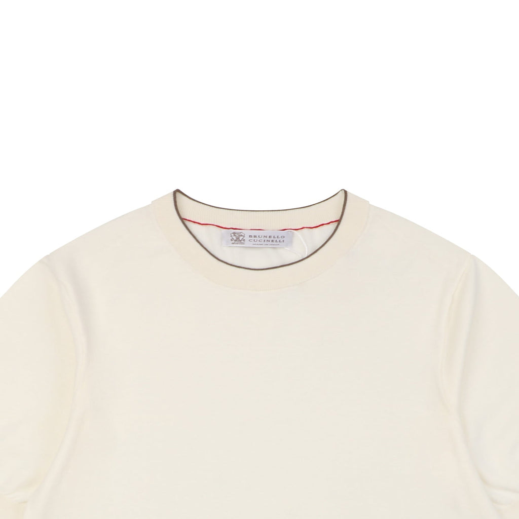 Brunello Cucinelli Black Tipping Cashmere Cotton Short Sleeve Knit Top — Cream