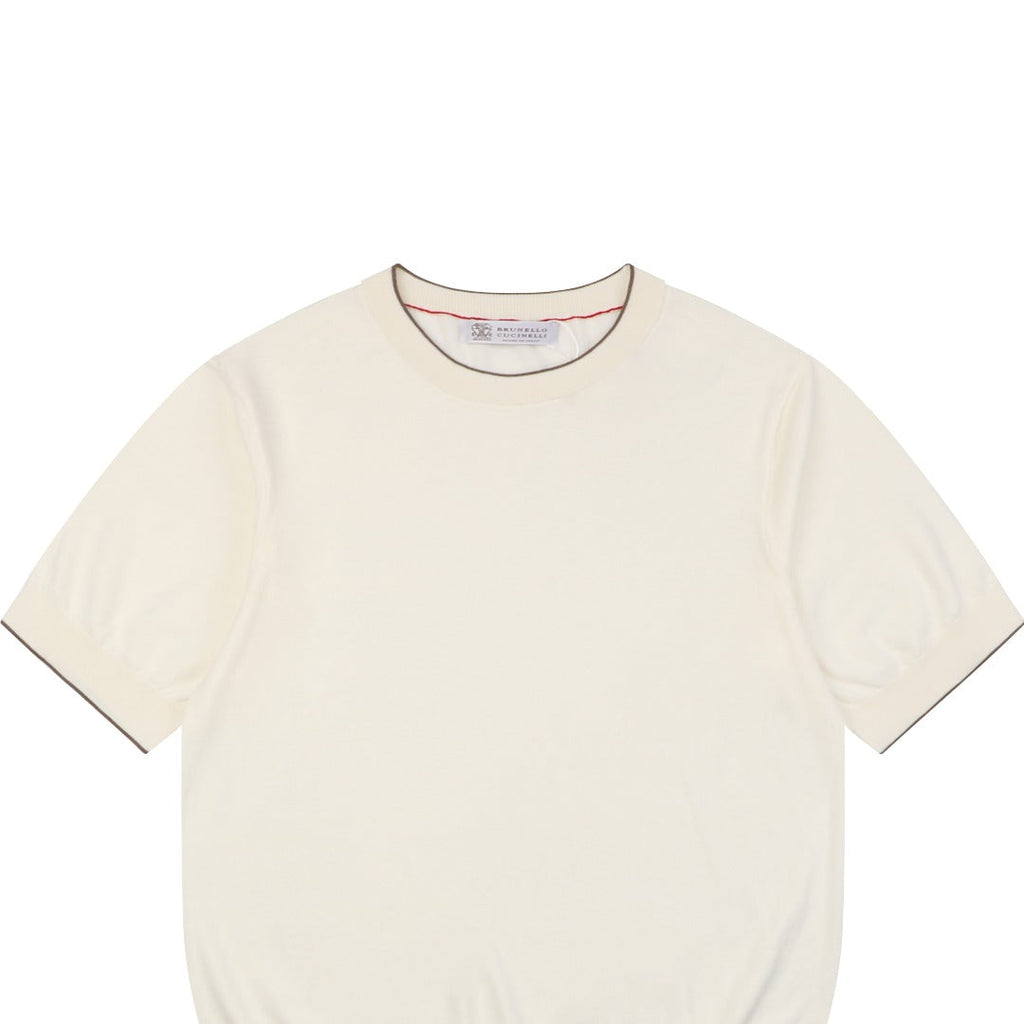 Brunello Cucinelli Black Tipping Cashmere Cotton Short Sleeve Knit Top — Cream