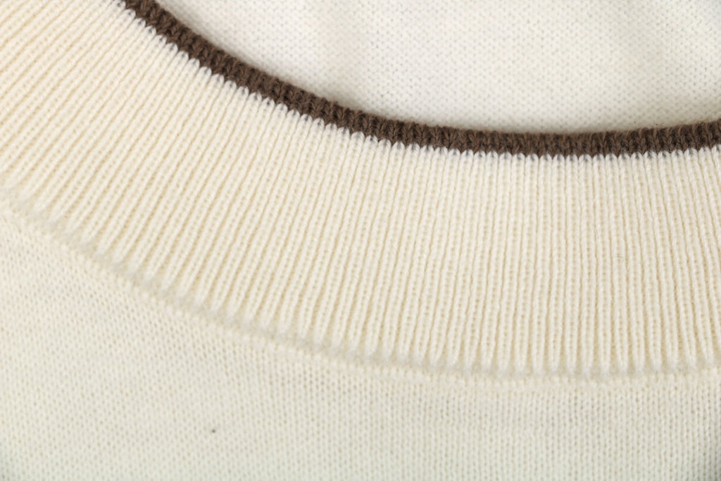 Brunello Cucinelli Black Tipping Cashmere Cotton Short Sleeve Knit Top — Cream