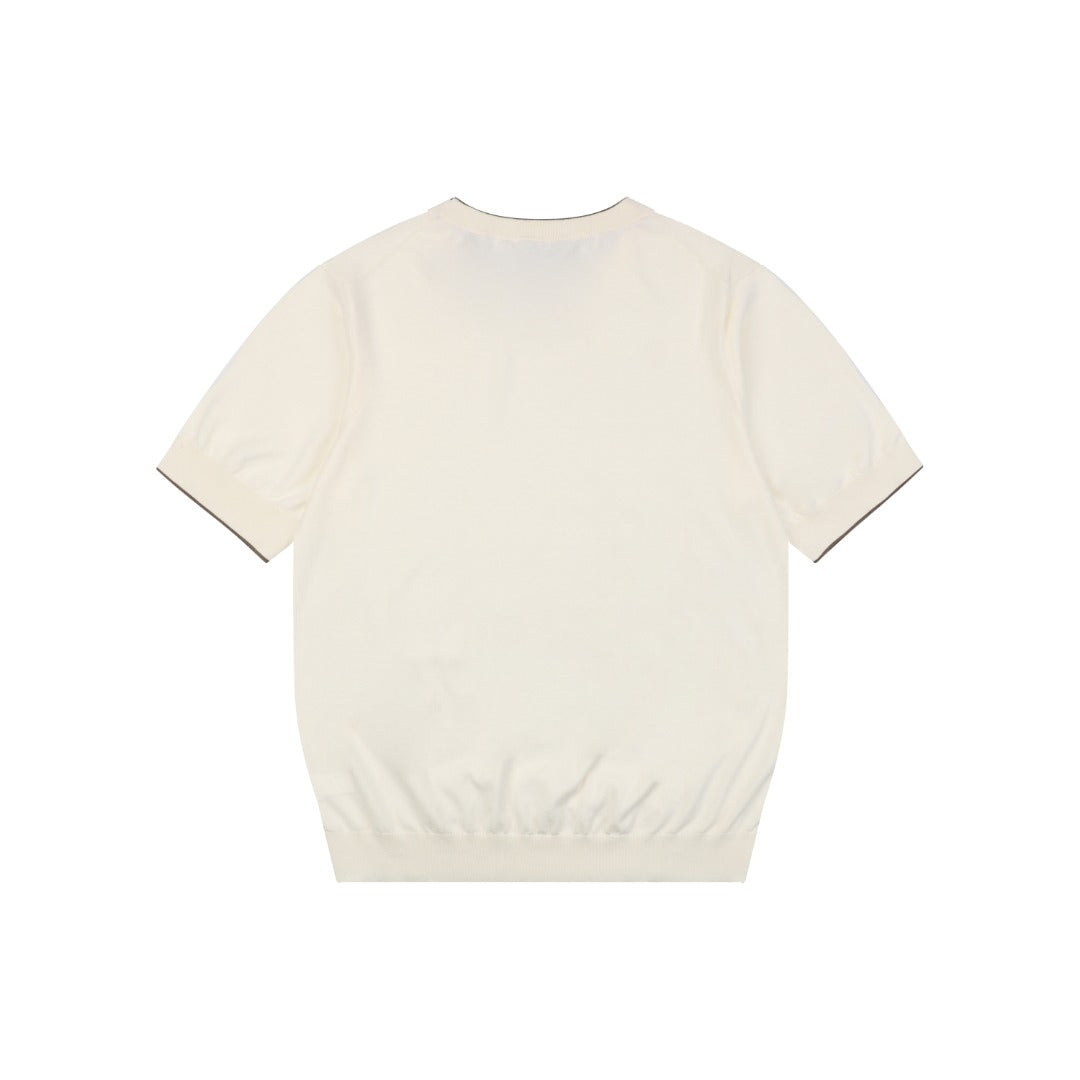 Brunello Cucinelli Black Tipping Cashmere Cotton Short Sleeve Knit Top — Cream