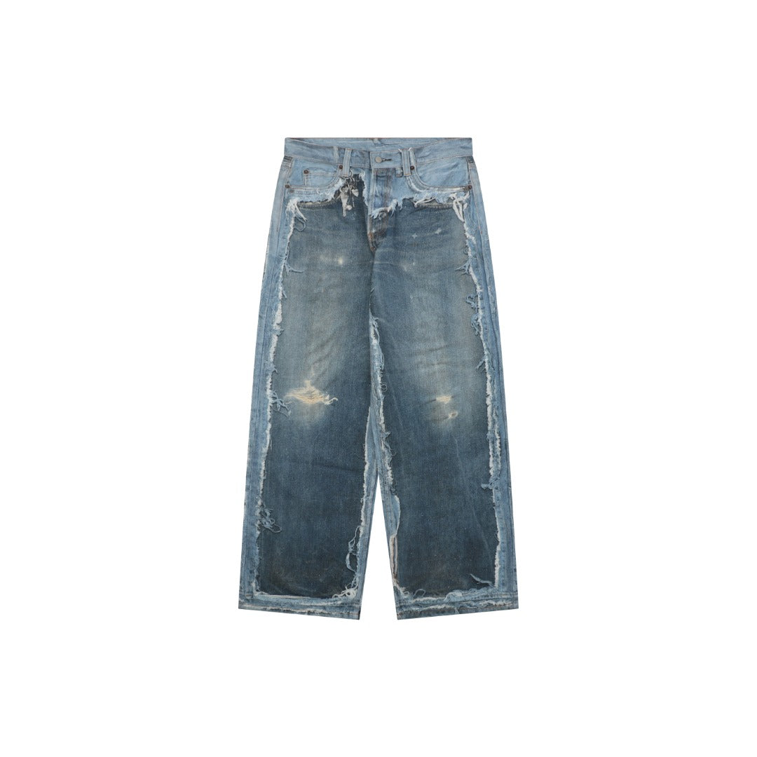 Acne Studios 1981M Heavily Distressed Raw Edge Wide-Leg Jeans — Mid Blue
