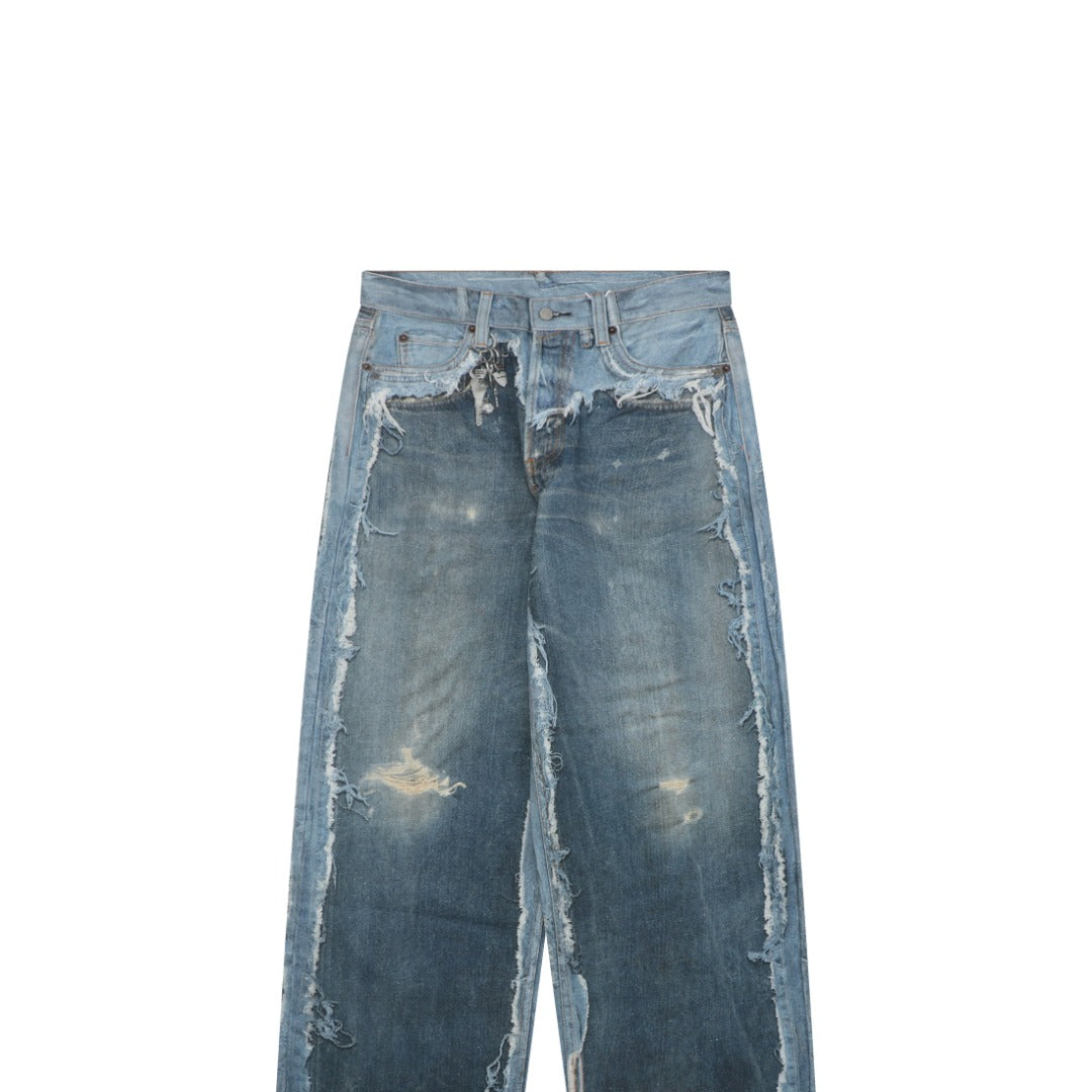 Acne Studios 1981M Heavily Distressed Raw Edge Wide-Leg Jeans — Mid Blue