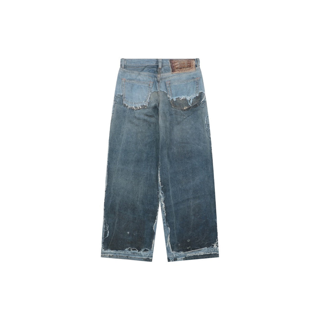 Acne Studios 1981M Heavily Distressed Raw Edge Wide-Leg Jeans — Mid Blue