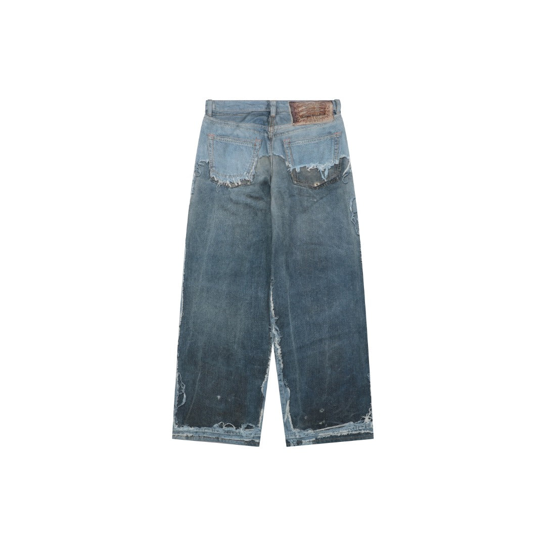 Acne Studios 1981M Heavily Distressed Raw Edge Wide-Leg Jeans — Mid Blue