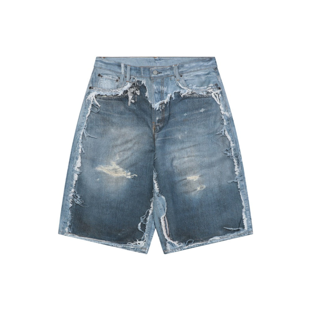 Acne Studios 1981M Heavily Distressed Raw Edge Denim Shorts — Mid Blue