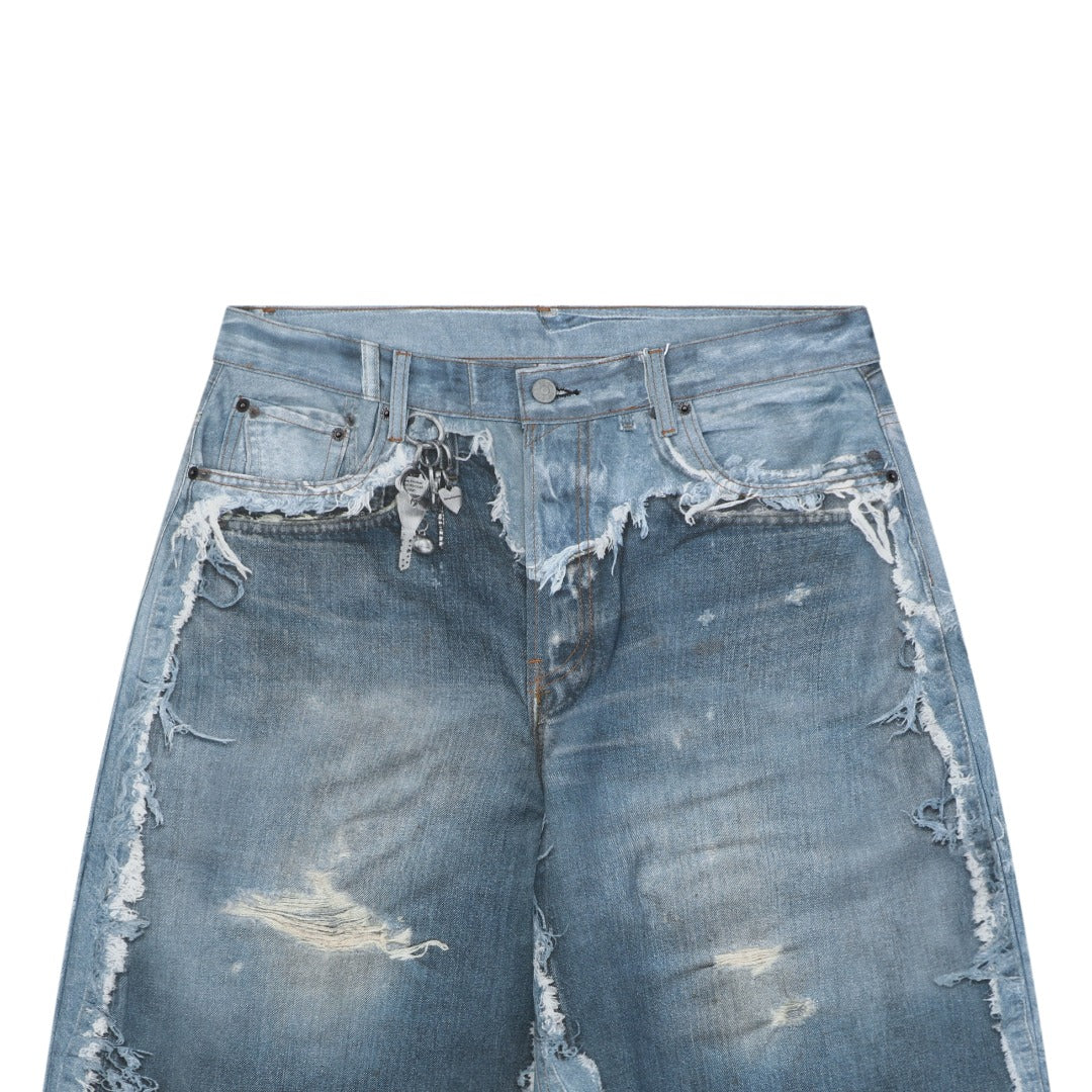 Acne Studios 1981M Heavily Distressed Raw Edge Denim Shorts — Mid Blue