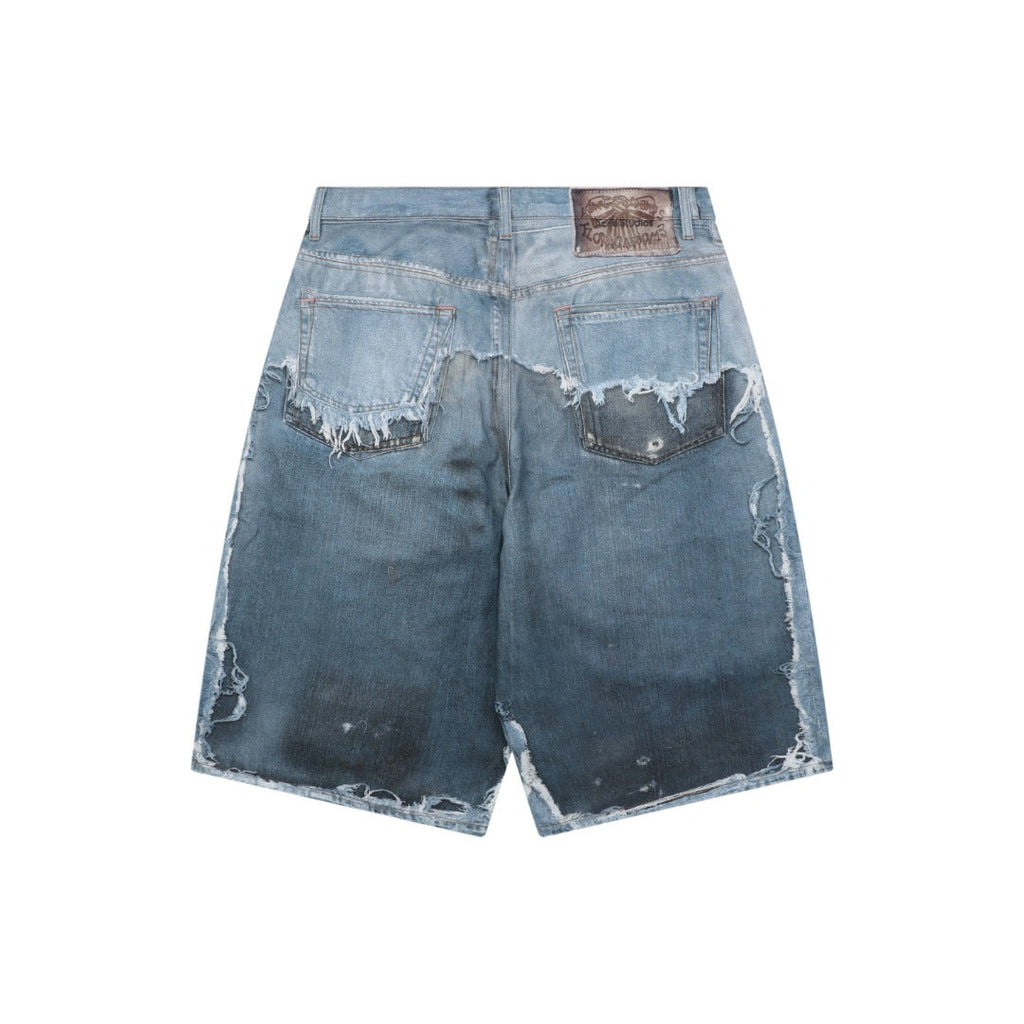 Acne Studios 1981M Heavily Distressed Raw Edge Denim Shorts — Mid Blue