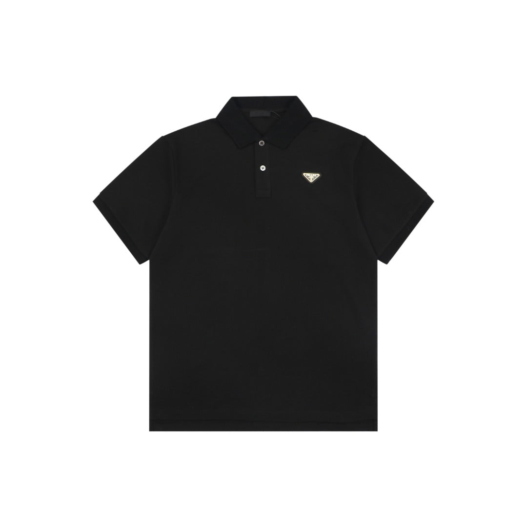Prada Gold Triangle Logo Piqué Polo Short Sleeve – Black