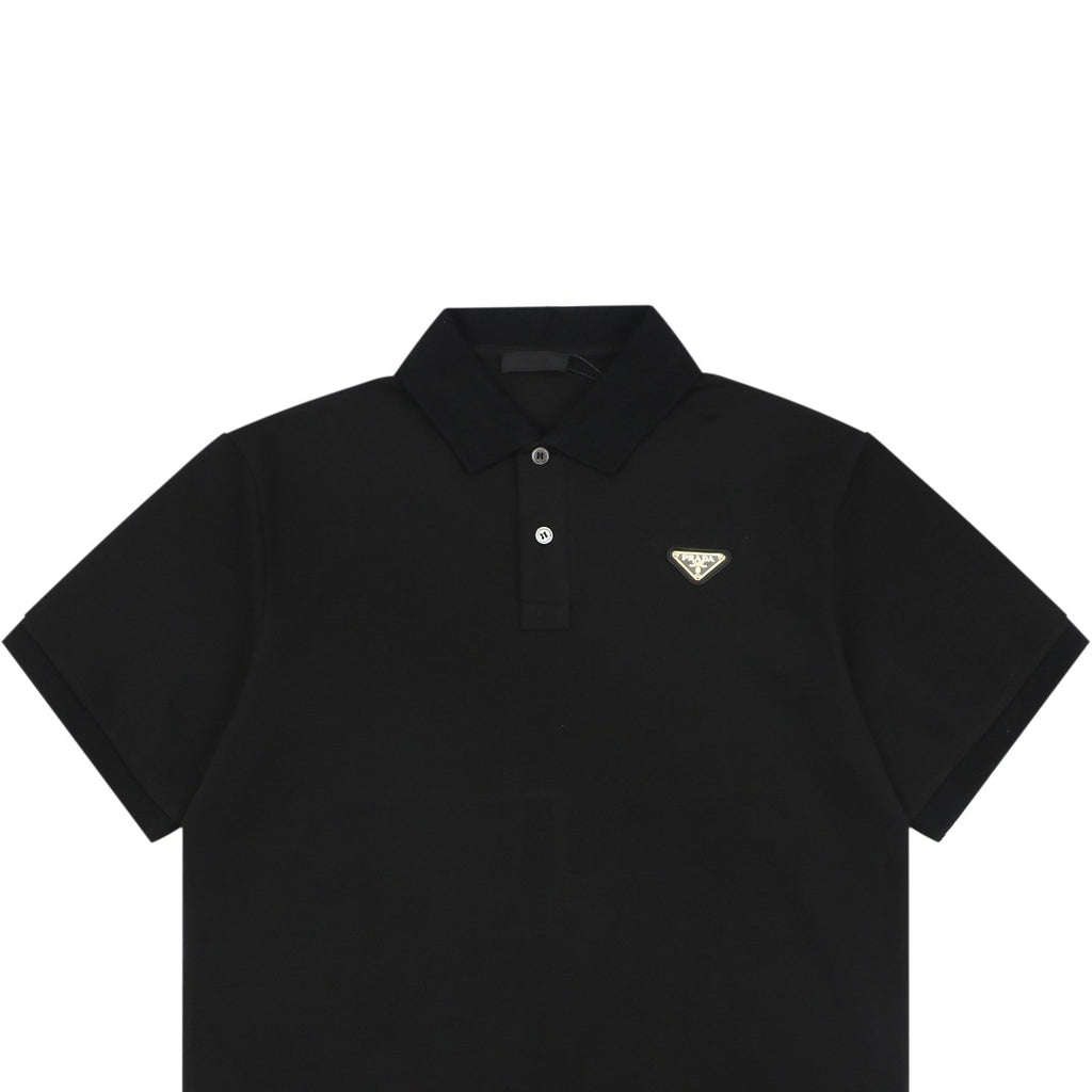 Prada Gold Triangle Logo Piqué Polo Short Sleeve – Black