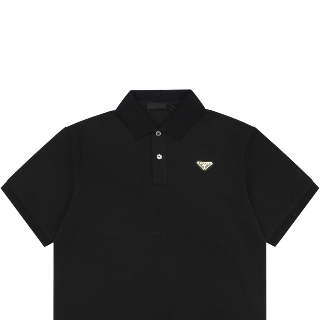 Prada Gold Triangle Logo Piqué Polo Short Sleeve – Black