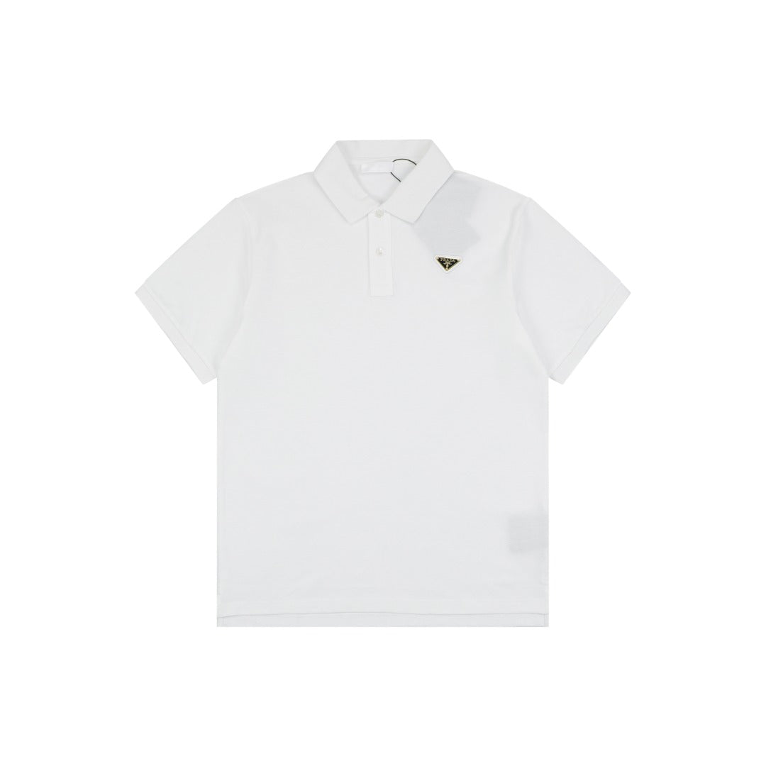 Prada Gold Triangle Logo Piqué Polo Short Sleeve – White