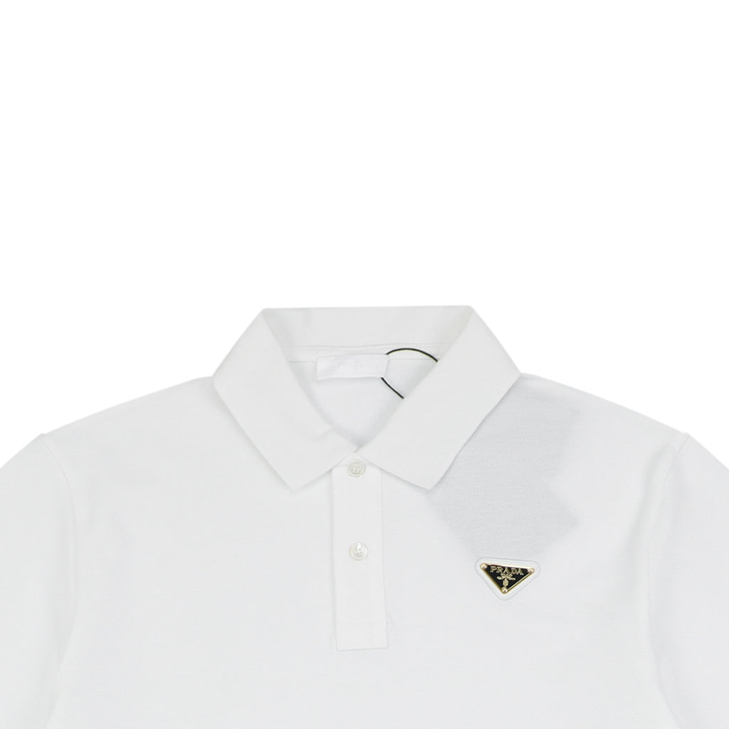 Prada Gold Triangle Logo Piqué Polo Short Sleeve – White