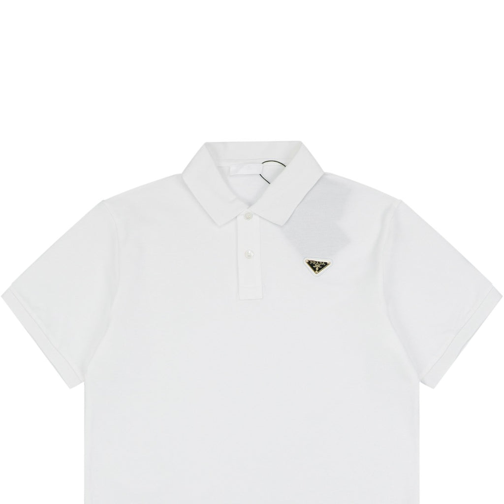 Prada Gold Triangle Logo Piqué Polo Short Sleeve – White