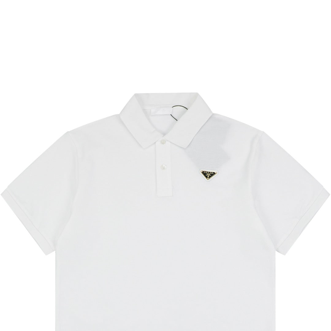 Prada Gold Triangle Logo Piqué Polo Short Sleeve – White