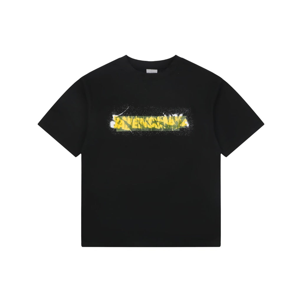 Balenciaga Tape Blur Graffiti Logo Print Short Sleeve Tee – Black