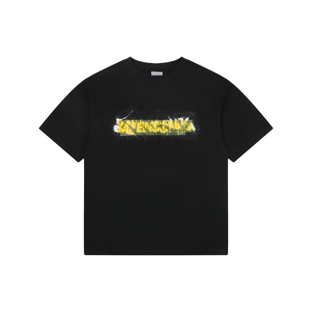 Balenciaga Tape Blur Graffiti Logo Print Short Sleeve Tee – Black