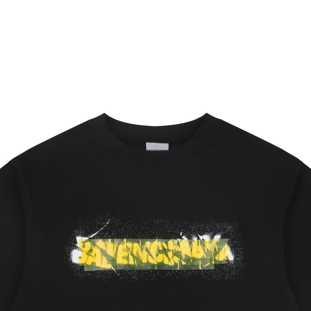 Balenciaga Tape Blur Graffiti Logo Print Short Sleeve Tee – Black