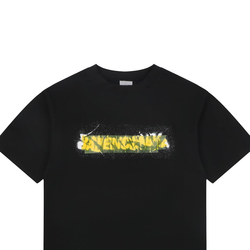Balenciaga Tape Blur Graffiti Logo Print Short Sleeve Tee – Black