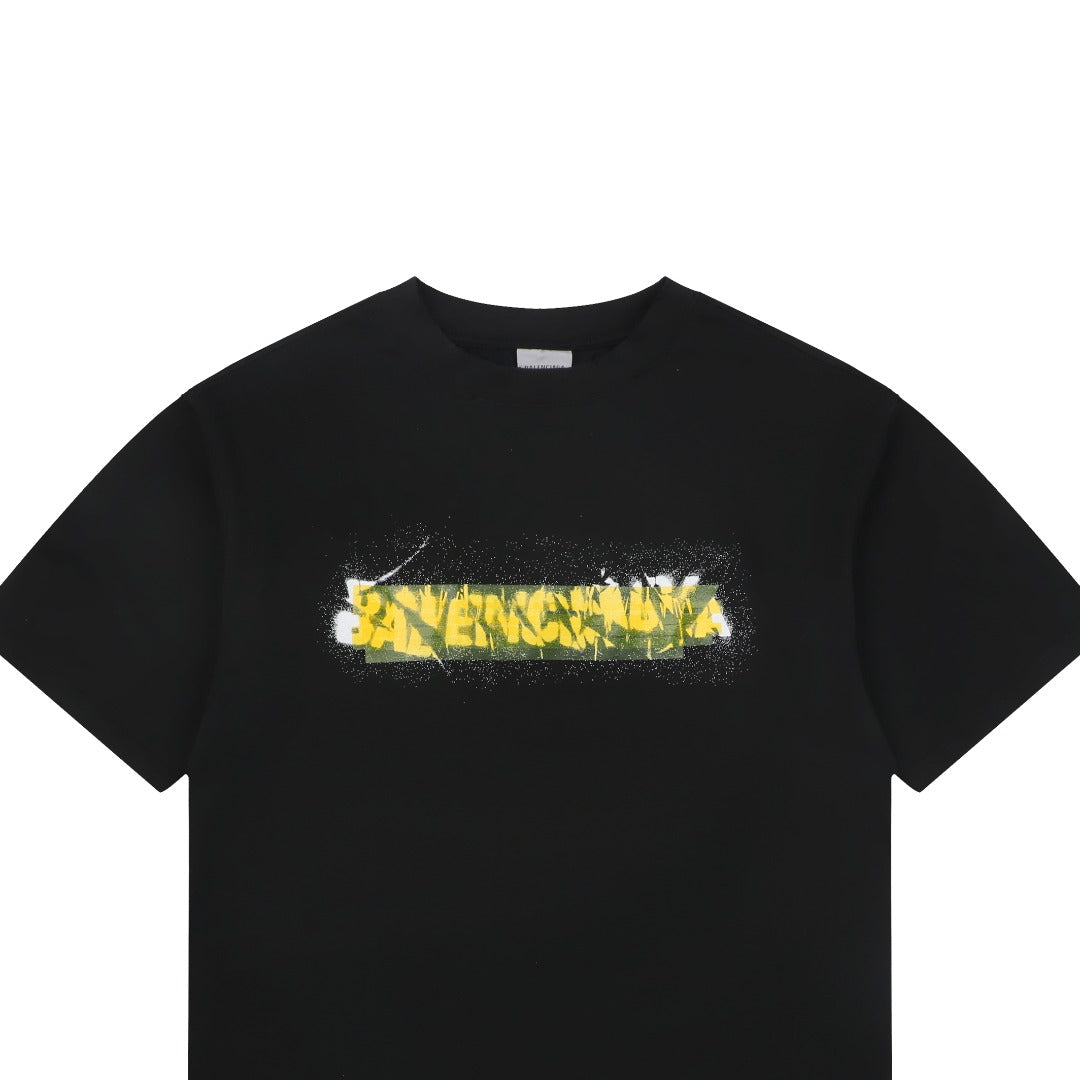 Balenciaga Tape Blur Graffiti Logo Print Short Sleeve Tee – Black