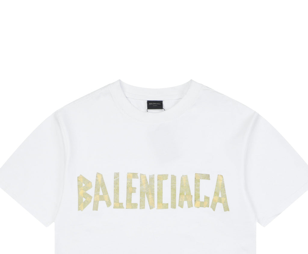 Balenciaga Yellow Tape Blur Logo Print Short Sleeve Tee – White