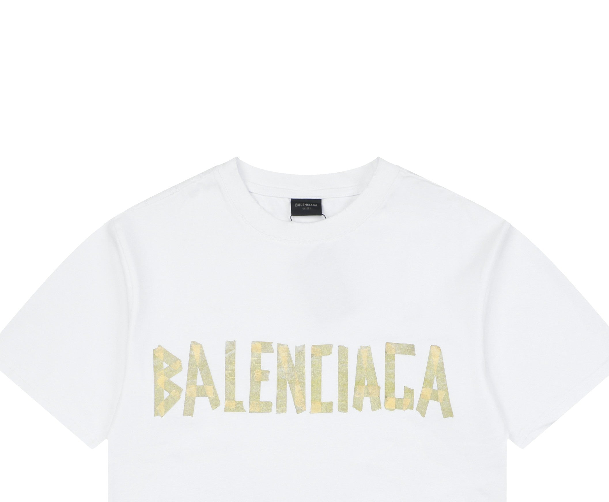 Balenciaga Yellow Tape Blur Logo Print Short Sleeve Tee – White