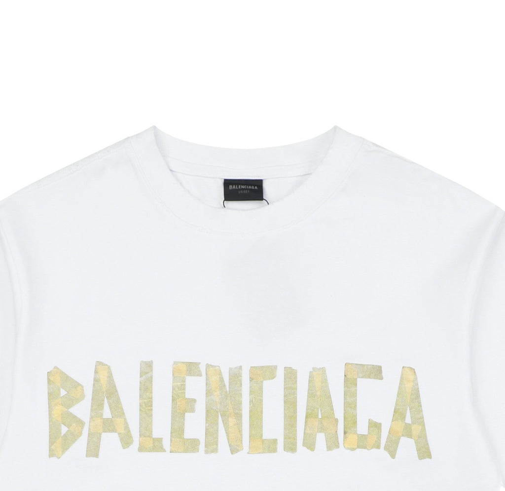 Balenciaga Yellow Tape Blur Logo Print Short Sleeve Tee – White