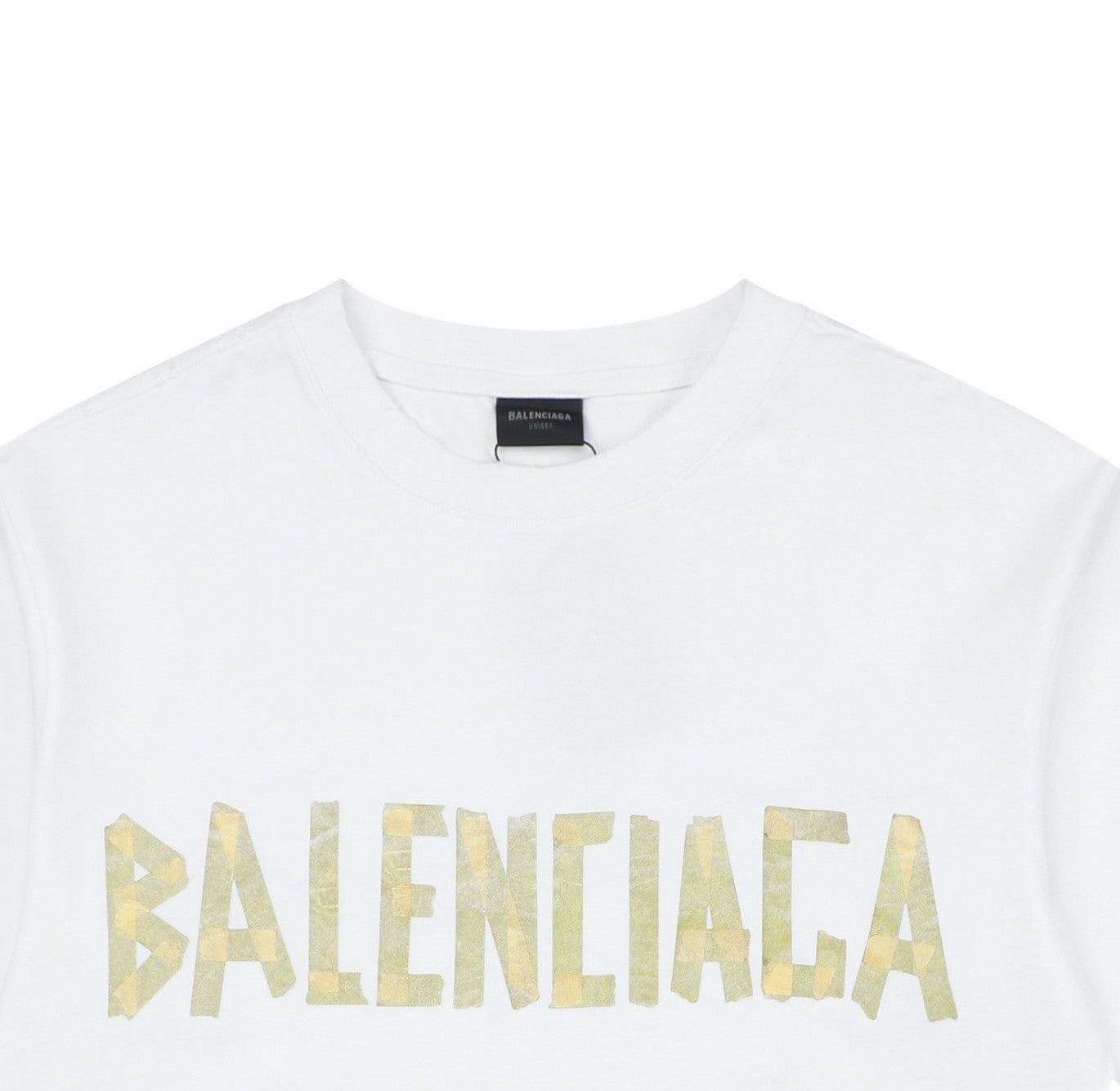 Balenciaga Yellow Tape Blur Logo Print Short Sleeve Tee – White