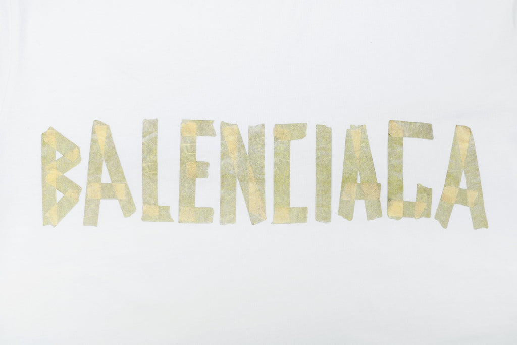 Balenciaga Yellow Tape Blur Logo Print Short Sleeve Tee – White